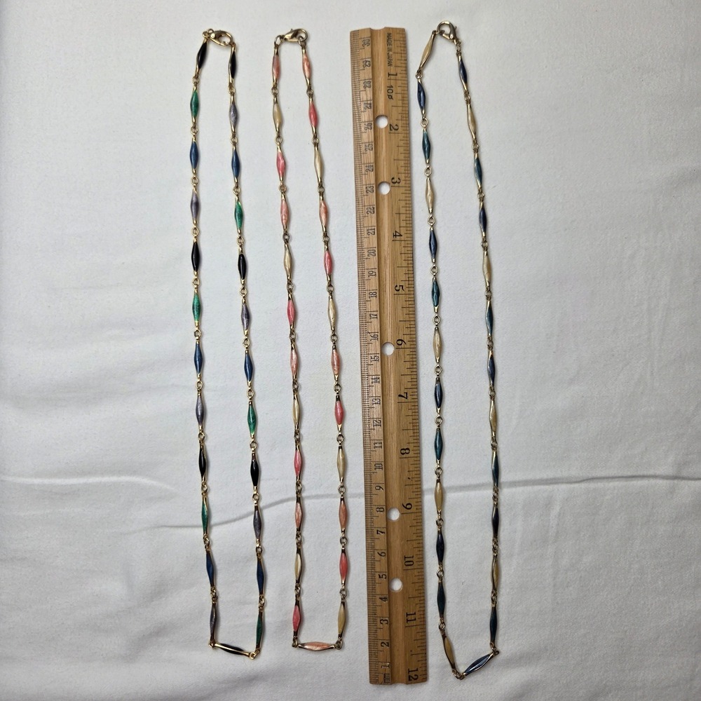 Vtg Enamel Gold Tone Harelquin Necklace Lot oof 3 Multicolor Blue Pink Cream 24"